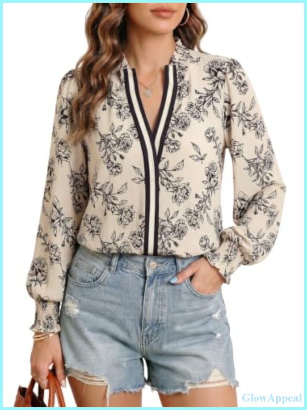 Womens Boho Floral Ruffle V Neck Long Sleeve Blouse Top